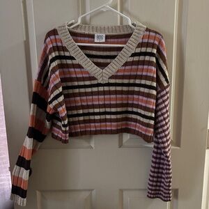 BDG Striped V-Neck Sweater - Brown, Cream, Pink